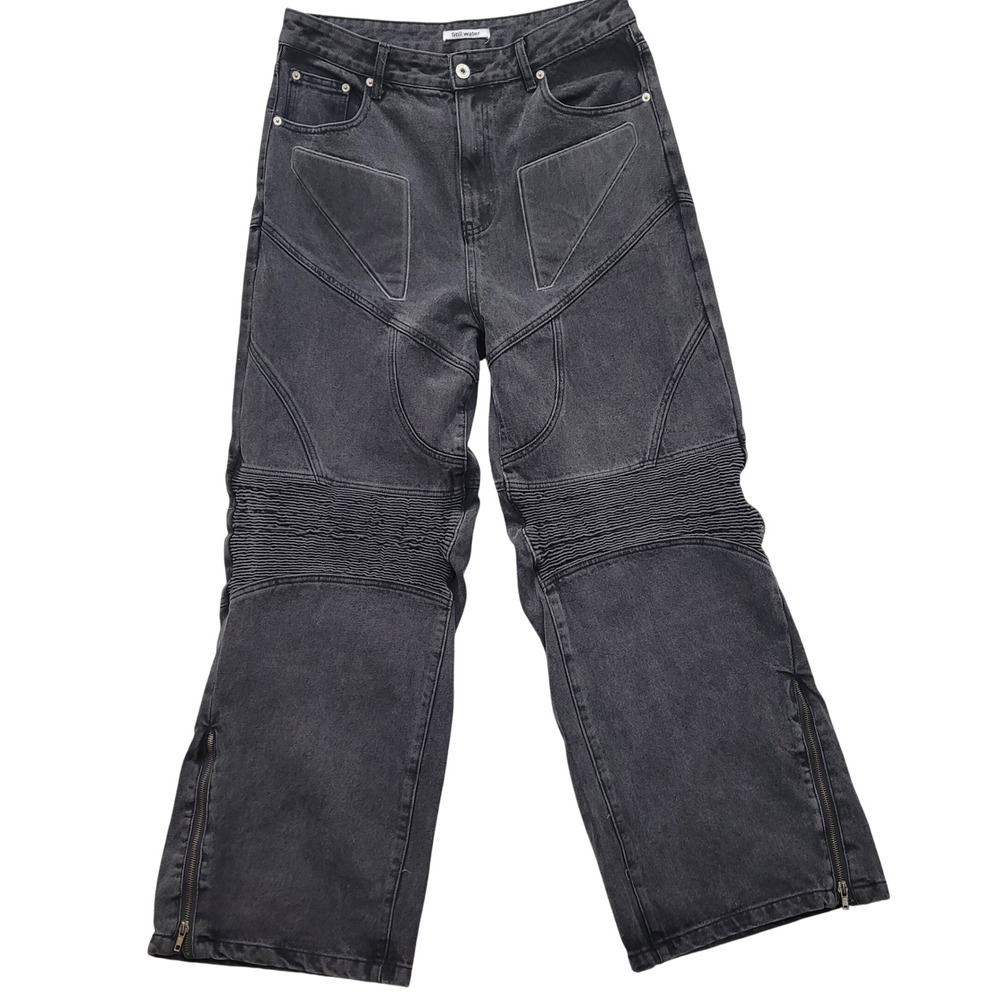 Men's Moto Biker Jeans Black Ribbed Knee‎ Panel Zipper Ankle Streetwear XL